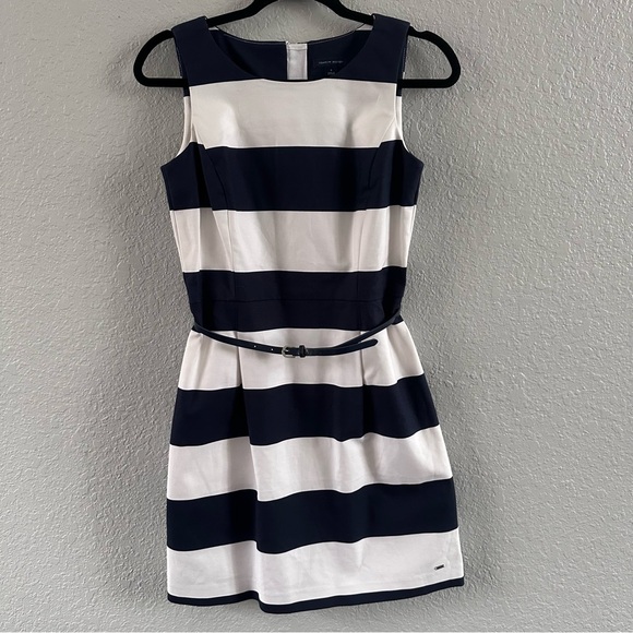 Tommy Hilfiger Navy White Striped Boat Neck Sheath Dress Belted Size 0 Nautica - Picture 2 of 11
